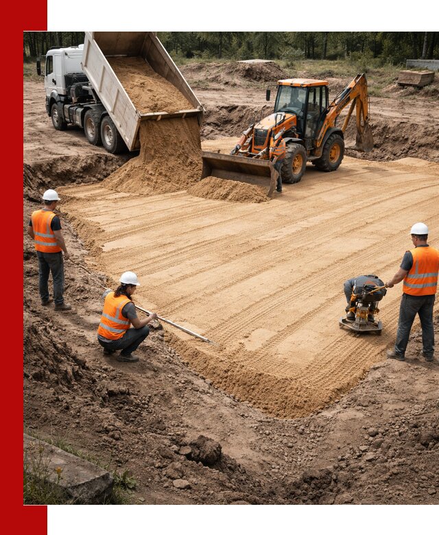 Устройство песчаной подушки для фундаментов и дорог в чайковском